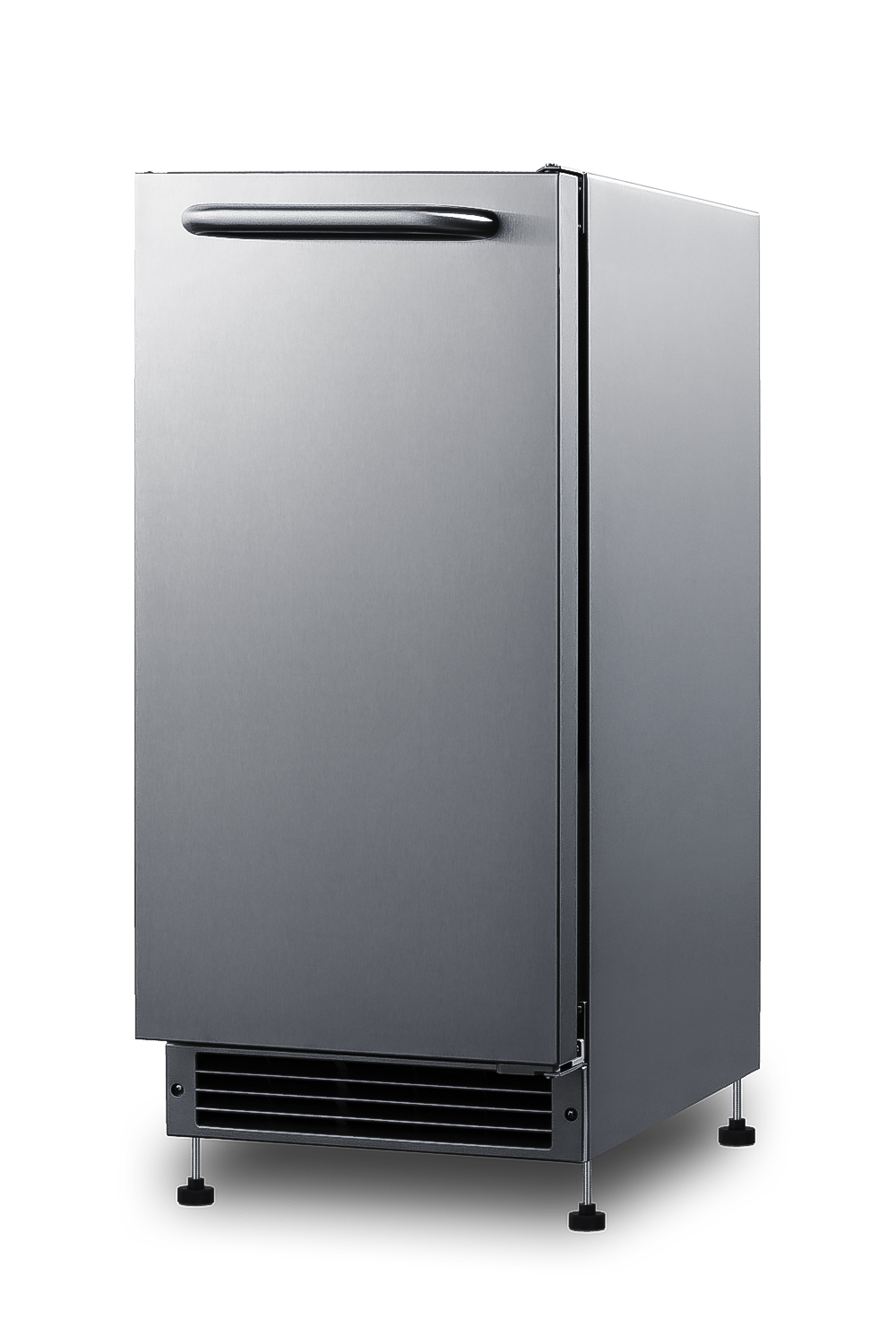 Built-in undercounter ADA compliant manual defrost icemaker wrapped in a stainless steel exterior finish; no drain required